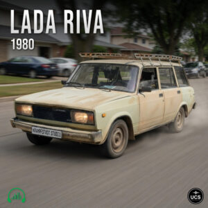 Dusty cream-colored 1980 Lada Riva station wagon with a roof rack driving along a suburban street.