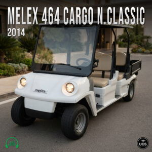 White Melex 464 Cargo N.Classic 2014 electric utility vehicle with four seats and rear cargo bed on pavement.