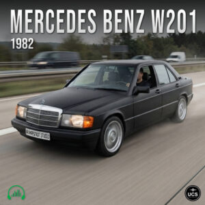 A black 1982 Mercedes Benz C Class W201 sedan drives on a highway.