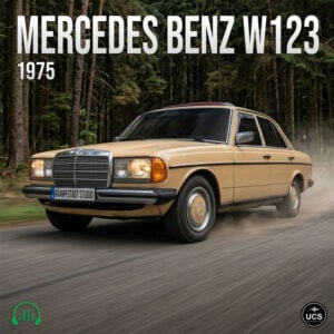 Beige 1975 Mercedes Benz E Class W123 executive car driving on a forested road.