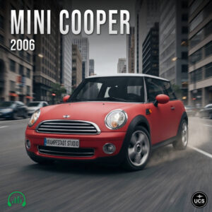 Red 2006 Mini Cooper subcompact supermini car drives through a city street.