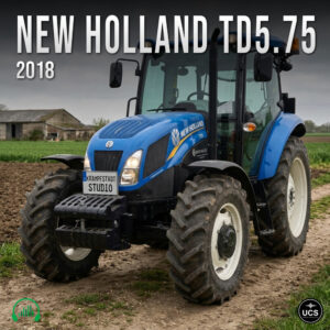 Blue New Holland TD5.75 2018 tractor parked on a dirt path in a field.