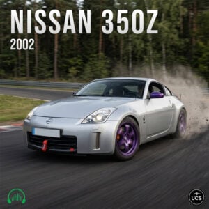 Silver 2002 Nissan 350Z sports car drifts on a race track with purple wheels and clouds of dust.