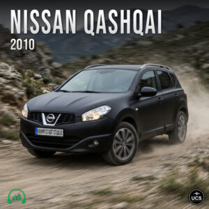 A black 2010 Nissan Qashqai compact crossover SUV drives on a dirt road, kicking up dust.