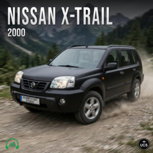 Black Nissan X-Trail 2000 compact crossover SUV drives along a dirt mountain road.