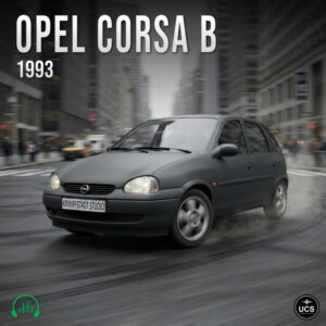 Dark gray 1993 Opel Corsa B subcompact supermini hatchback drives along a city street with motion blur.