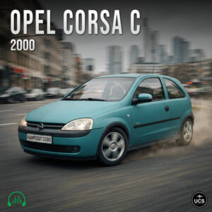 Teal three-door Opel Corsa C 2000 hatchback drives along a blurred city street.