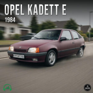 Maroon 1984 Opel Kadett E two-door hatchback compact car driving on a suburban road.