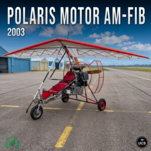 Polaris Motor AM-FIB 2003 ultralight trike with red and white wing, red seats, and propeller on airfield tarmac.