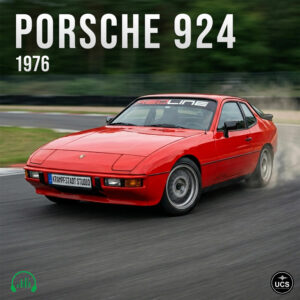 Red 1976 Porsche 924 sports car drifts on a race track with text overlay.