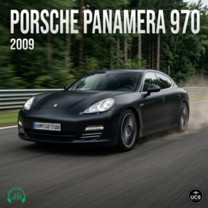 A black 2009 Porsche Panamera 970 grand tourer drives at high speed along a tree-lined road.