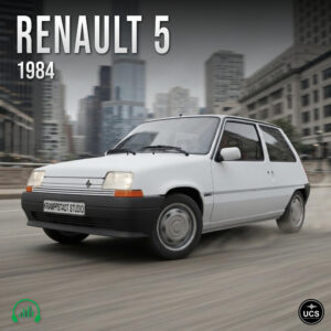 White 1984 Renault 5 subcompact supermini drives along a city street past blurred buildings.