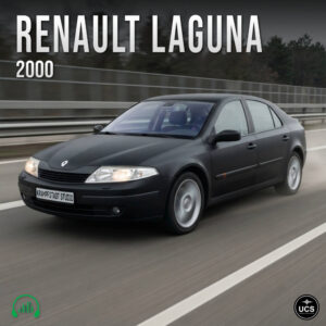 Black Renault Laguna 2000 large family car driving on a multi-lane highway.