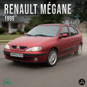 1999 red Renault Megane hatchback driving on a suburban street.
