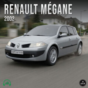 Silver 2002 Renault Megane five-door compact car driving on a suburban road.