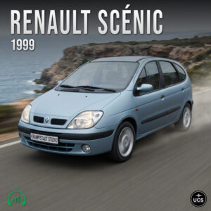 Light blue 1999 Renault Scenic compact MPV minivan drives along a coastal road.