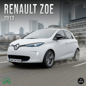 White 2013 Renault Zoe electric subcompact supermini car driving on a road in front of city buildings.