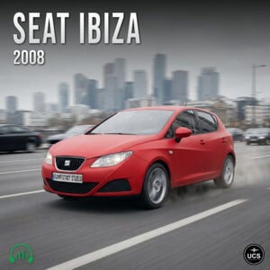Red Seat Ibiza 2008 subcompact supermini car driving on a city bridge with a blurred skyline background.