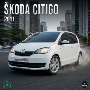 A white 2011 Škoda Citigo city car drives along a city street.
