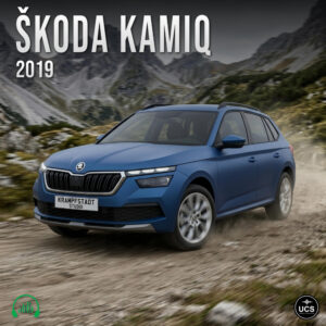 Blue Skoda Kamiq 2019 subcompact crossover SUV drives on a dirt mountain path below Skoda Kamiq 2019 text.
