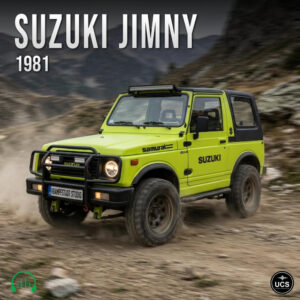 1981 Suzuki Jimny, a lime green off-road mini SUV, drives along a dirt trail.