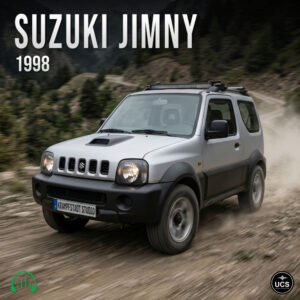 A silver 1998 Suzuki Jimny off-road mini SUV drives along a dirt path, kicking up dust behind it.