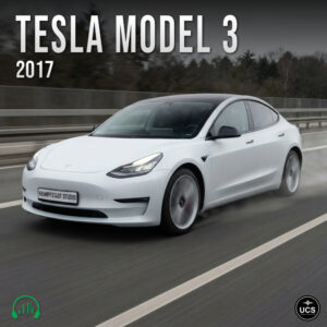 White 2017 Tesla Model 3 electric large family car driving on a highway.
