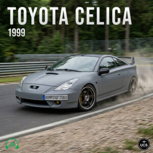 Gray 1999 Toyota Celica sports car drifts on a race track, kicking up dust from its rear tires.