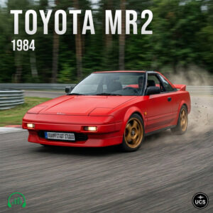 Red 1984 Toyota MR2 sports car drifts around a racetrack curve.