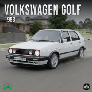 1983 Volkswagen Golf compact hatchback driving on a suburban road.