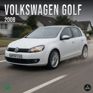 2008 white Volkswagen Golf compact hatchback driving on a road.