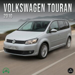 Silver 2010 Volkswagen Touran compact MPV people carrier drives along a coastal road.