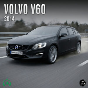 Black Volvo V60 2014 large family car drives on a motorway with blurred surroundings.
