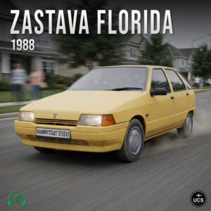 Yellow 1988 Zastava Florida compact hatchback drives down a residential street.