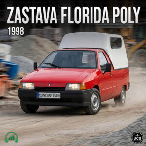 Red 1998 Zastava Florida Poly panel van with a white camper shell driving on a dirt road.