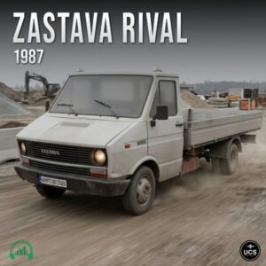 1987 Zastava Rival white flatbed lorry drives along a dirt track at a construction site.