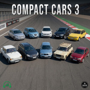 Ten Compact Cars 3 vehicles are parked in two rows on a racetrack circuit.