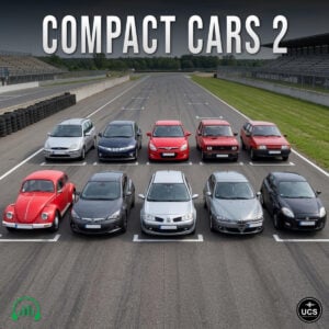 Ten Compact Cars 2 vehicles are parked in two rows on a race track.