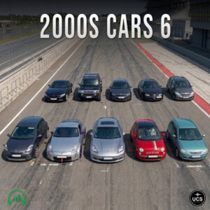 Ten 2000s 6-passenger cars are parked in two rows on a racetrack starting grid.