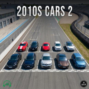 Ten 2010s Cars 2 cars are parked in two rows on a racetrack starting grid.