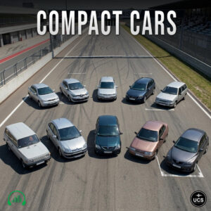 Ten compact cars are parked in a semi-circle on a racetrack.