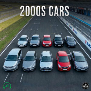 Ten 2000s cars sit in two rows on a racetrack starting grid.