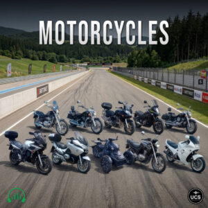 Ten various motorcycles are parked in two rows on a racetrack.