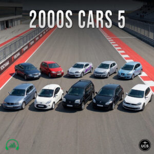 Ten cars are parked in two rows on a racetrack under the text 2000s Cars 5.