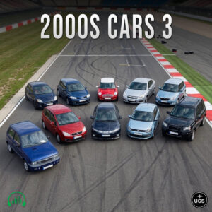 Ten 2000s Cars 3 passenger cars are parked in formation on a paved racetrack.