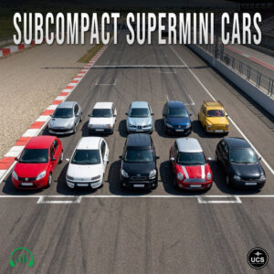 Ten supermini cars are parked in two rows on a racetrack starting grid.