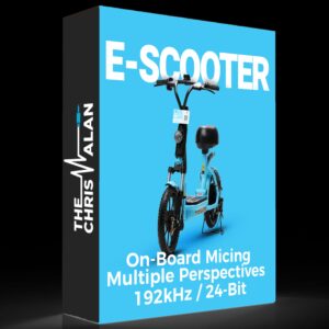 Box design for "E-Scooter SFX Library" on Sonniss features an electric scooter, showcasing high-quality 192kHz/24-Bit sound effects.