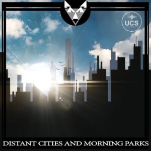 An image of a sound effects library on Sonniss, showcasing "Distant Cities And Morning Parks" in a vibrant city skyline.