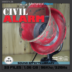 A red Civil Alarm device from a sound effects library by Mechanical Wave on an SFX library cover on Sonniss.