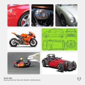 Image of racing vehicles sound effects library on Sonniss: Ferrari, motorcycle, Aston Martin, engine sounds & more.